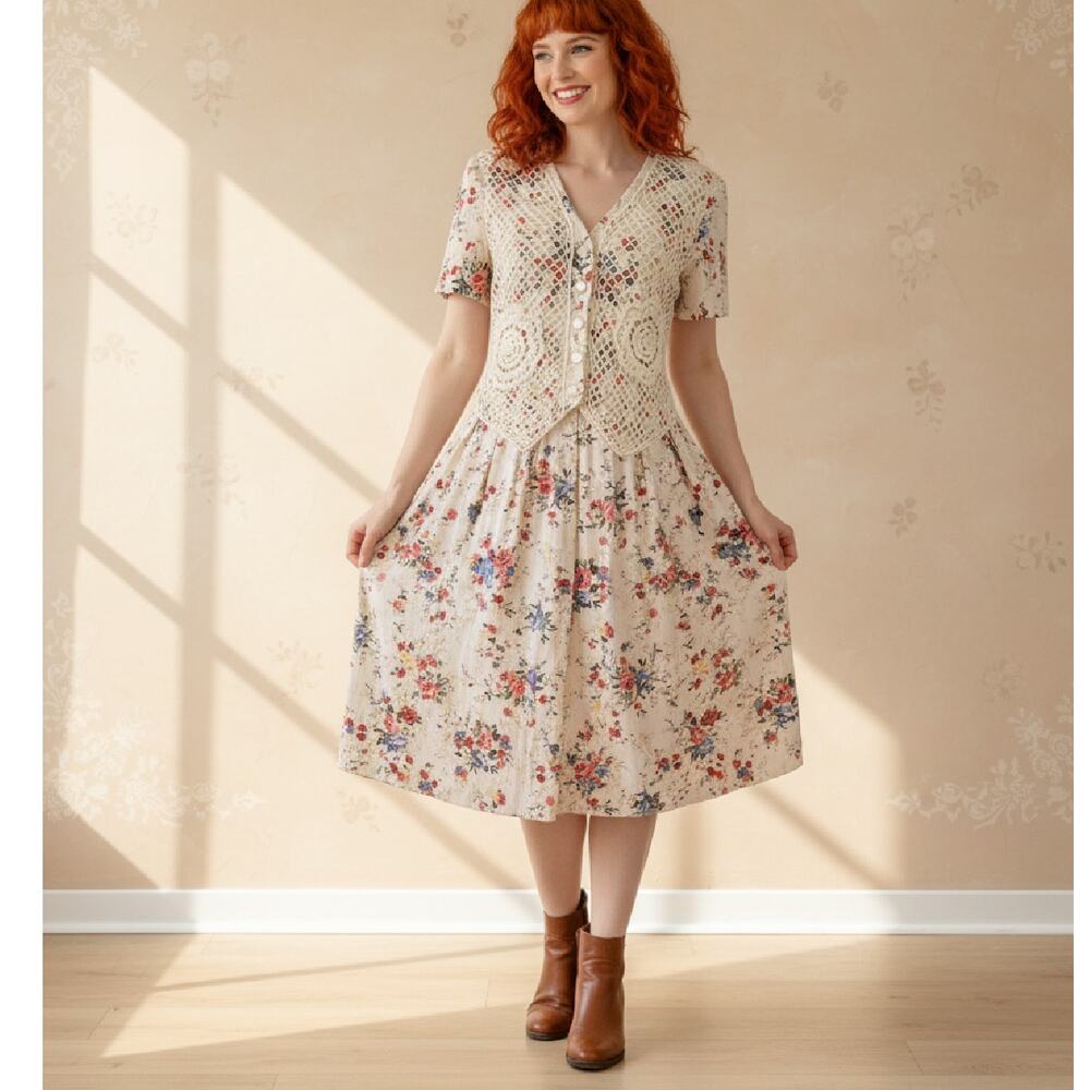 Lanz Vintage 90s Crochet Vest Floral Linen Midi Dress Whimsigoth Cottagecore